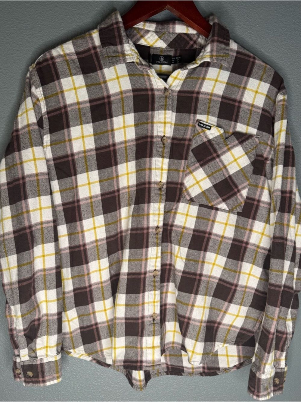 Volcom Brown, Purple & White Plaid Button-Up Shirt with Yellow Accents